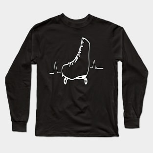 Roller Skate line drawing and heartbeat in white for skaters and roller derby fans Long Sleeve T-Shirt